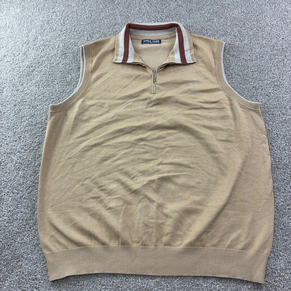 PJ PAUL JONES Mens XL Tan Quarter Zip Sleeveless Sweater Vest Academia Preppy‎